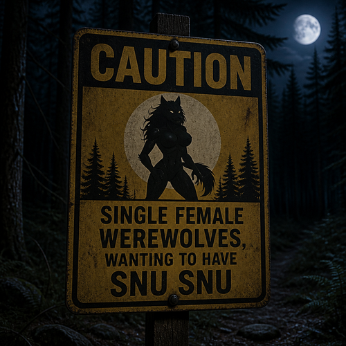 In a forest at night, a warning sign says; caution, single female Werewolves, wanting to have snu snu. 
