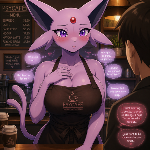 A well-made busty grown mature female Espeon that wears an apron who works at the coffee place who finally finds a nice person with empathy who likes her nervously and a virgin while she’s been in a bad mood long enough of reading minds silently. In an animated verse. Front view. 