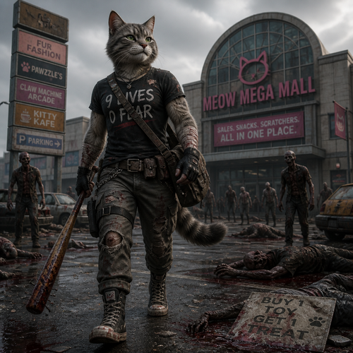 A fearless anthro Cat who fought through the Zombies and is heading to the mall.