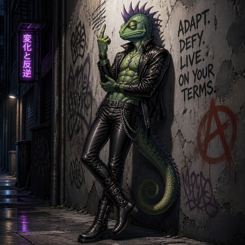 A male anthropomorphic chameleon wearing leather pants, shirtless with 8 pack of abs, leather jacket, leather boots, and spines in a Mohawk style. Leaning back on a wall, left hand crossed to right elbow while right hand is raised giving the middle finger. Anime style, solo, full body.