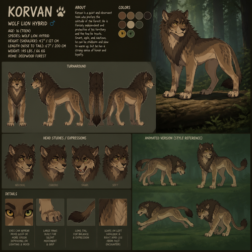 A teenage male quadruped wolf lion hybrid that lives in the forest, reference sheet, animated version 