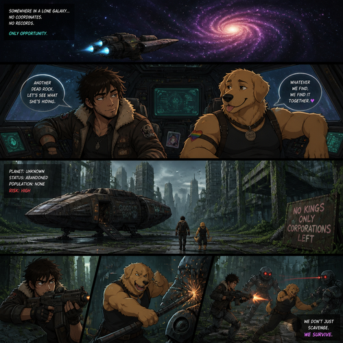 In a lone galaxy, a well-made animated version. In a spaceship, a human pilot/scavenger, and his best friend a thick homosexual anthro gay golden retriever with floppy ears. Both finding themselves on a scavenging hunt and knows how to defend themselves from any threats even some robots. In an abandoned planet unknown in a concrete jungle.