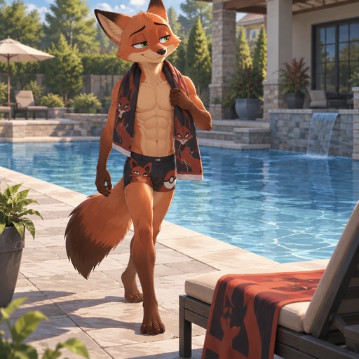 A middle school aged Nick Wilde wearing a Nickit themed swimsuit, showing off a 8 pack of abs, a Thievul themed towel around his neck. Walking along the pool behind his parents house to his favorite pool chair. Anime art style, solo, full body.
