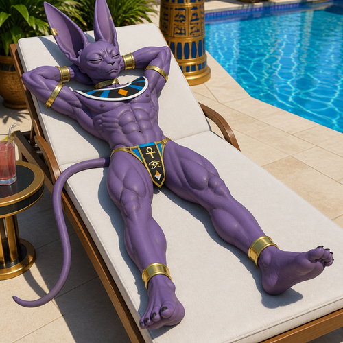 Beerus from Dragon Ball Super wearing tight Egyptian inspired speedo. He is sleeping on a pool chair. Solo, full body.