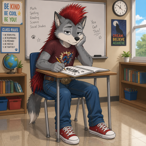 A elementary school aged male grey wolf wearing blue jeans with leather belt that has a cowboy belt buckle, tight maroon shirt with a superhero in it, red sneakers, and a red Mohawk hairstyle with the hair in the back going to the small of his back. He is sitting at a desk bored doodling in his notebook. Anime art style, full body.