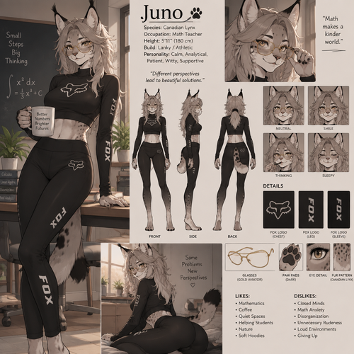 A beautiful lanky female anthropomorphic Canadian Lynx named Juno, is wearing a long sleeve black crop top and black leggings, both her crop top and leggings are fox racing brand, wears glasses, her glasses are gold aviator frames, is a math teacher, is in a room alone, anime art style, reference sheet