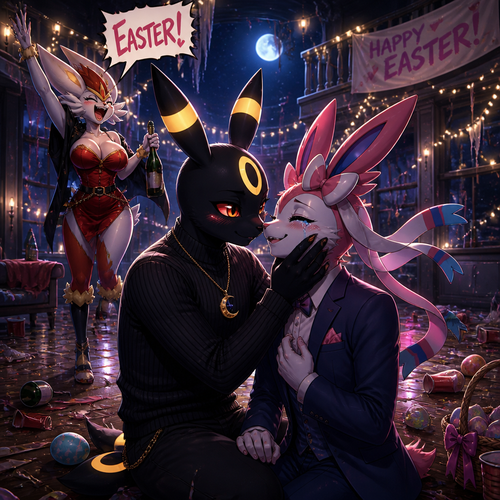 In a anthropomorphic universe, on today’s Easter in spring, an male Umbreon that wears a sweater and a well-made elegant moon pendant necklace that forgave a male Sylveon that wears an elegant suit with tears of joy while a crazy busty female Cinderace is having a blast and shouts EASTER! At night in a party who’s been wrecking up a place and everyone already left behind a beautiful romance.