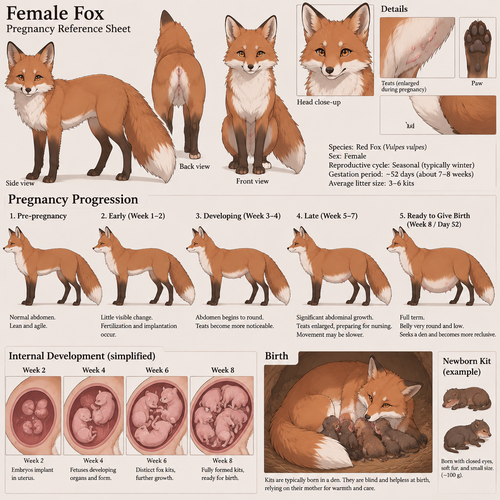 A female quadruped fox, reference sheet, show the progress of pregnancy from beginning to birth, anime art style 