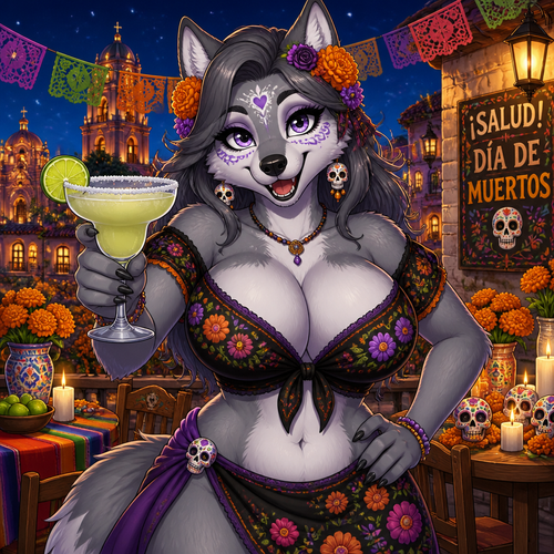 A lovely grown busty female anthro grey Wolf who is having a blast and drinking margaritas on today’s Day of the Dead in Mexico. Animated version. Giving a friendly show off front view.