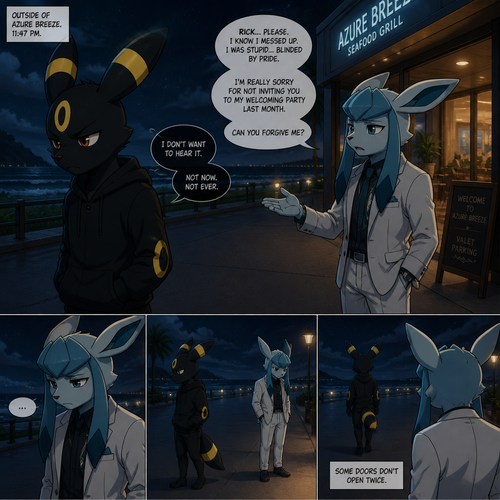 In a anthropomorphic universe, Rick (the non-rich Umbreon male) is ignoring and refuses to look at the Barron (a wealthy male Glaceon) who is trying to apologize for how sorry for not accepted to his welcoming party last month but Rick won’t buy it. A well-made animated version. A modern life. Outside of a restaurant at the beach at night. Comic. A bad/sad or a ending.