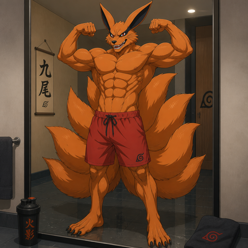Kurama wearing loose red swim trunks, no shirt with a 16 pack of abs. Flexing in front of a mirror. Anime art style, full body.