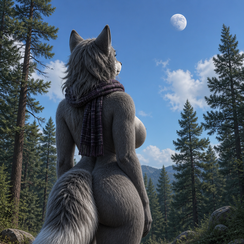 A busty (well-made anthro female character) fuzzy Grey Wolf that wears a scarf who’s been standing there (all back view) and looking up above and see a moon at day in the forest alone.
