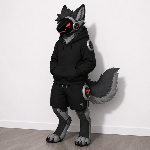 A furry protogen standing in front of a white wall, his primary color is dark grey and the secondary is light grey then face on his visor should be red, he should wear clothing a black hoodie and black shorts, and his hands should be paws.