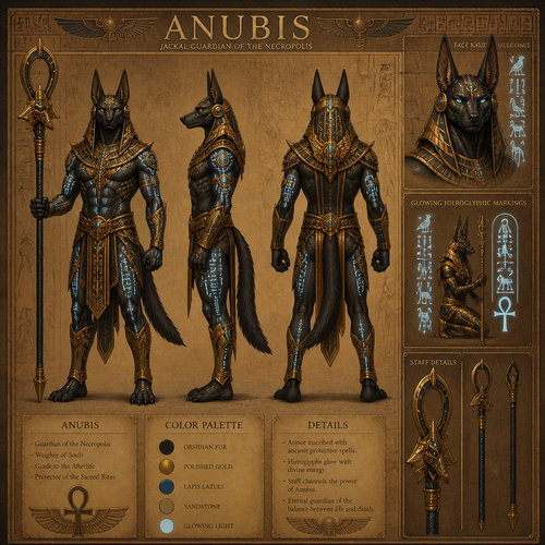 Ancient Egyptian inspired furry reference sheet, anthro jackal guardian, gold ceremonial armor, glowing hieroglyph tattoos, mystical staff, sandstone temple aesthetic, front side back turnaround, highly detailed fantasy concept art