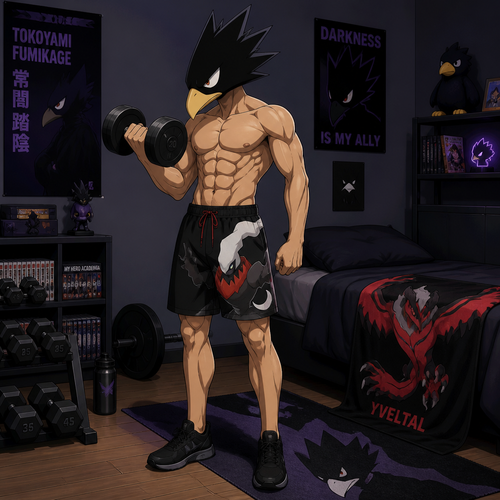 Tokoyami Fumikage  wearing Darkrai themed shorts, shirtless showing off 16 pack of abs, and black tennis shoes. He is in his bedroom lifting weights. On his bed is a Yveltal towel. Anime style, solo, full body.