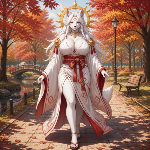 Amaterasu (a well-made busty anthro female character) was wearing a robe and taking a walk on an autumn park. Anime version. Front view.