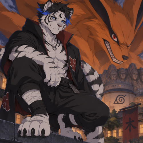 male, anthro, white tiger, short black hair with bright blue tips, black crescent on forehead, blue eyes, digitigrade footpaws, Kurama, Naruto