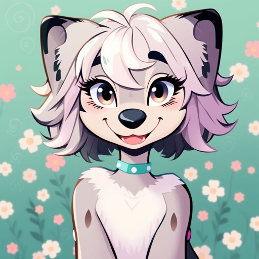 k-9 fluffy short hair bright color palette female 