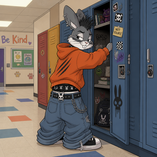 A young male grey and white punk rabbit wearing extremely loose jeans with a belt that has a rabbit skull design, black colored underwear that comes up above the jeans waistline, a oversized orange hoodie with a three slash mark design on the front. He is standing in front of an open locker in the hallway of a elementary school, the locker doesn’t belong to him but he is rummaging through it. Cartoon art style. Full body