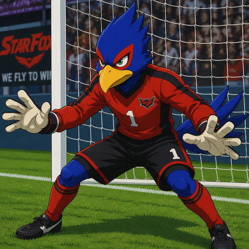 Falco Lombardi wearing red and black soccer uniform. He is a goalie in front of the soccer net. Anime style drawing.