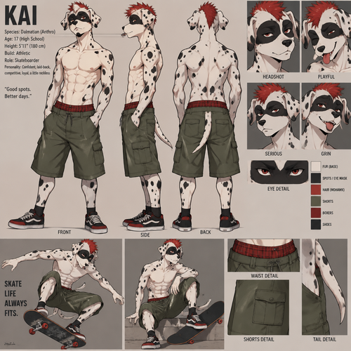 A high school aged male Dalmatian with a mask like spot over both eyes wearing loose green khaki shorts with red boxers being seen above the waistline of the shorts, shirtless showing off a 16 pack of abs, and a short red mohawk. He is a skateboarder that doesn’t like wearing a shirt if he doesn’t have to. Anime art style, reference sheet.