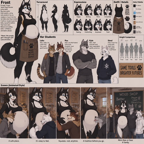 A female anthropomorphic husky named Frost that has a lanky body but a pretty big round belly, has black fur with a white underbelly, is a wood shop teacher, let's her students squeeze rest their head on or even cry into her belly when they are down, has a tradition that her students give her belly a good lick before they leave class (which is a canine thing), shows her class a lanky male anthropomorphic tabby cat named Luke, a lanky male anthropomorphic fox wolf hybrid named Rex, a muscular anthropomorphic male wolf named Kyle, and a anthropomorphic male arctic fox named Steel, Luke and Rex have their arms around each other’s shoulders because they are best friends, reference sheet, animated version 