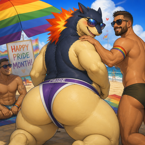 A well-made grown gay male Typhlosion, all shy and shameless, has thick thighs and a huge buttocks, feeling loved on pride month at the beach. Wears sunglasses and jockstraps.