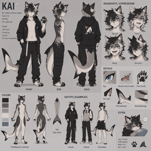 A teenage male anthropomorphic cat and black tip shark hybrid, reference sheet, animated version 