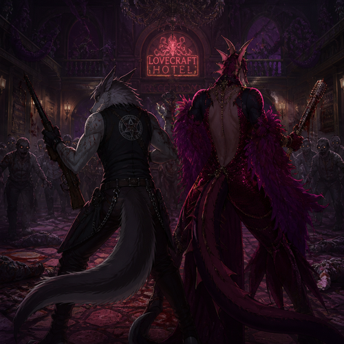 In the animated version of this universe, two adult male characters fight for their lives together against the undead inside the Lovecraft hotel. A bisexual Sergal and the homosexual drag queen the Dragon. Do better with music. Back view.