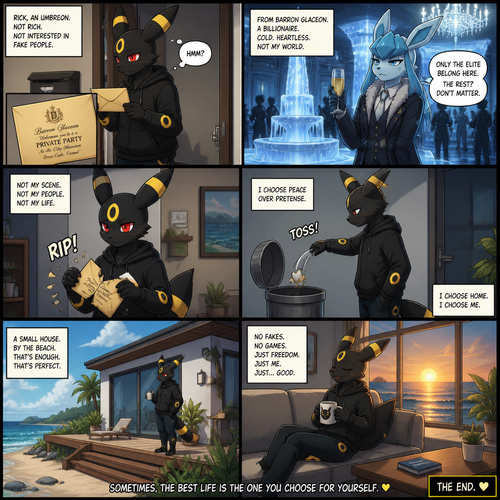 A non-rich grown Umbreon male (named Rick) got the envelope of a billionaire Glaceon’s (the heartless Barron) welcoming party at the city mansion from a mail. Decided to rip and toss the pieces of the envelope at the trash can and stay at home. Chooses a home. Lives on a small modern house at the beach. Well-made animated version. A good ending. A anthropomorphic verse. Side/front view. A comic.