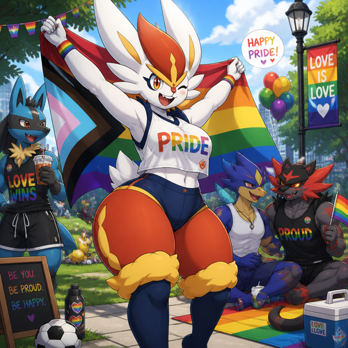 A well-made Pokemon character, Cinderace. Has thick thighs and short tail. Celebrating on today’s pride month. Having a good day. At the park with other males.