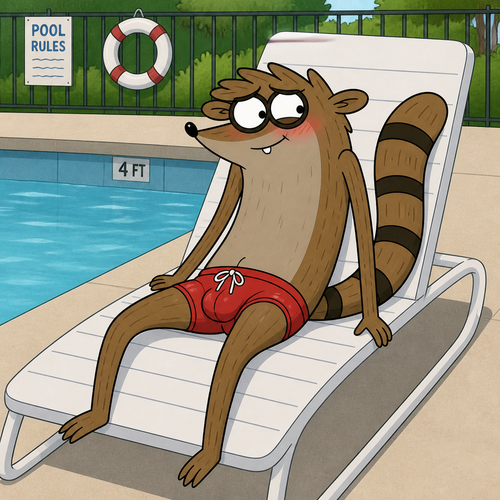 Rigby from Regular Show wearing tight red swim trunks sitting on a pool chair with a blush on his face. Solo full body.
