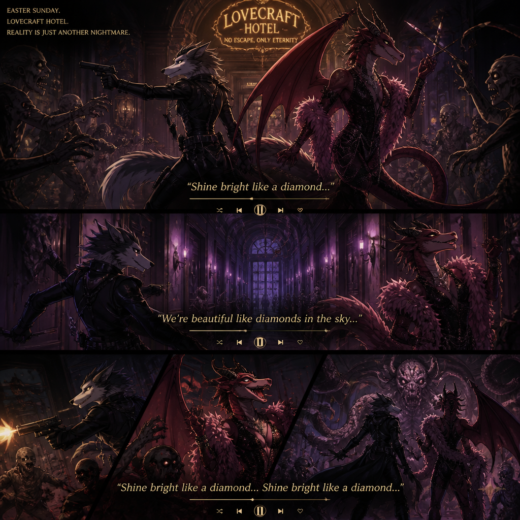 A well-made homosexual male character, Sergal and the drag queen a sexy male Dragon, both facing the living dead inside the lovecraft hotel on today’s Easter. A badass teamwork. A horror animated version of reality. Side view. Does better with music (much like Rihanna’s Diamonds)