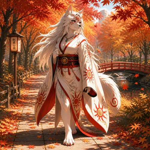 Amaterasu (a well-made anthro female character) was wearing a robe and taking a walk on an autumn park. Anime version.