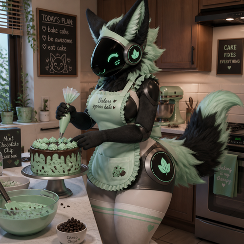 A Protogen is wearing a apron on while baking a mint chocolate chip cake at her home. Well-made characteristic version. Has curve thigh highs.