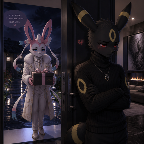 A sad rich male Sylveon, who came to see and offering a gift with a bow on it for apology, Still loves his male Umbreon that wears black sweater standing on a front door inside of his modern house very unhappy to see and still has a broken heart. In the anthropomorphic universe (well-made).