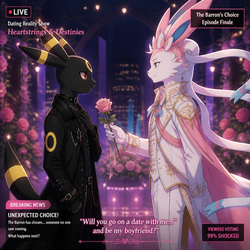 In a dating reality show on live (a well-made animated version) a non-rich half gothic grown Umbreon male is surprisingly unbelievably been accepted to become a boyfriend to this super rich kind grown Sylveon male (the Barron) for not understanding why that doesn’t mind to lose and leave. In an anthropomorphic Pokemon universe. Never asks and want to be there but been gifted. A good ending. Side view. All well-made characters. A modern present day. Been asked on a date.