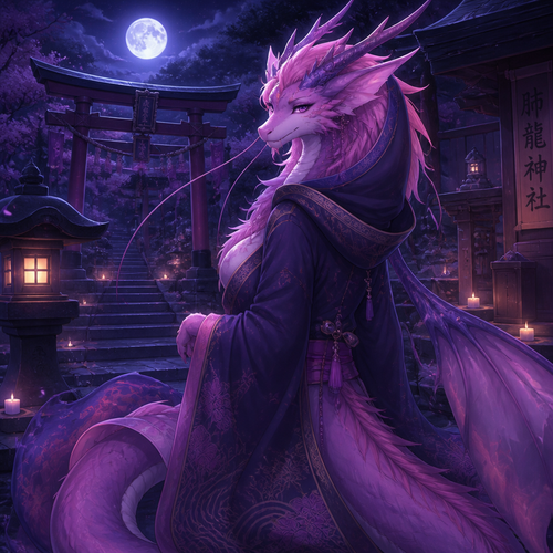 A well-made pink and purple furred dreamy grown female character, a lung dragon that wears a robe with a hoodie who sees you at the shrine by midnight.