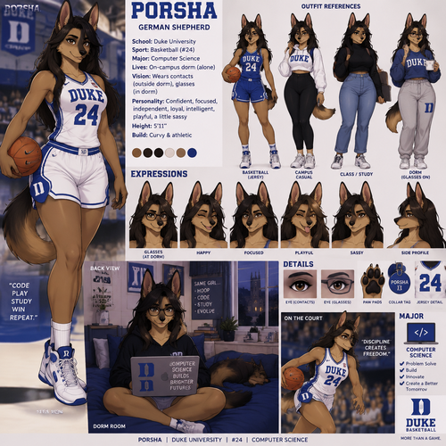 A beautiful curvy female German shepherd named Porsha who lives in a college dorm alone, goes to Duke University, plays basketball for Duke and is number 24, is majoring in computer science, wears contacts unless she’s in her dorm then she typically wears glasses, reference sheet, animated version 
