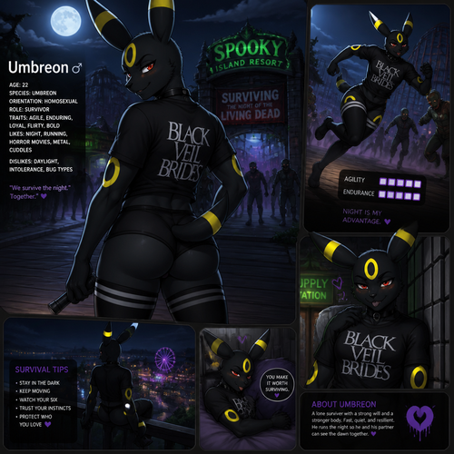 A homosexual male anthro Umbreon with thigh highs and buttocks also wears a T-shirt that says Black veil Brides, surviving the night of the living dead at the spooky theme island resort. Well-made animated version. Has a tail on a tailbone. Has agility and endurance.