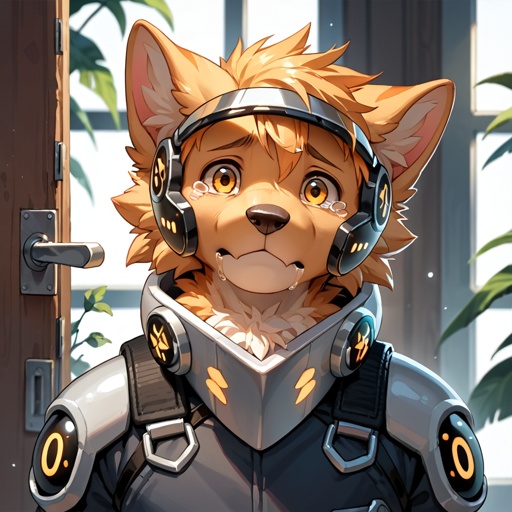 A sad, heartbroken, and a little bit of pain young adult Protogen looked at you in a front door begging you for forgiveness. *a well-made male character* *tears in visor* *front view* 