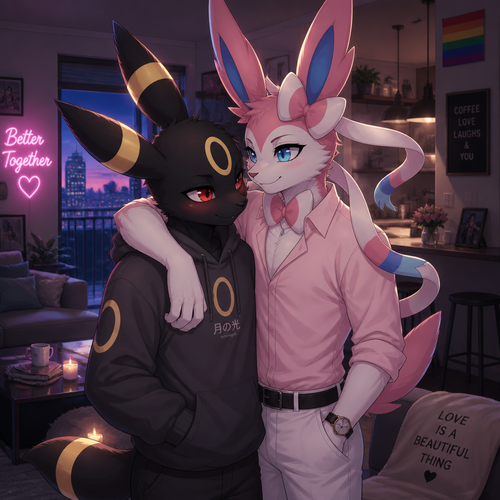 In an anthropomorphic universe, both young male adults couples living together in a modern apartment. Gay marriage. Animated verse. A shy Umbreon and a gorgeous Sylveon.