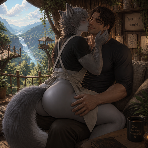 A loved well-made grown femboy omega male grey wolf ex-tribe character who lives in a tall treehouse while giving  his handsome and kind human man some cuddles and kisses. Wearing a clothed apron. Has thick thighs, wide hips, but butt, and a bushy tail. A nice view. 