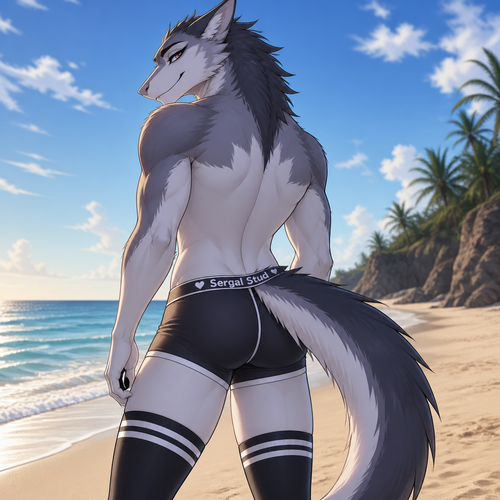 A homosexual grown male Sergal just along the sand at the beach. Booty view. Has thigh highs. Well-made animated version. Wears short underwear and eyeliner. Has a long tail on a right side of a tailbone.