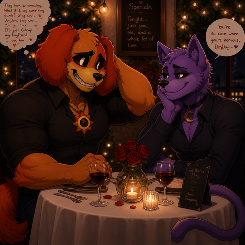 DogDay, a well-made grown anthro smiling critter (a leader of the smiling critters) with buff body and nervous about on a romantic date with his boyfriend, Catnap (the smiling critter and has eyeliner). 