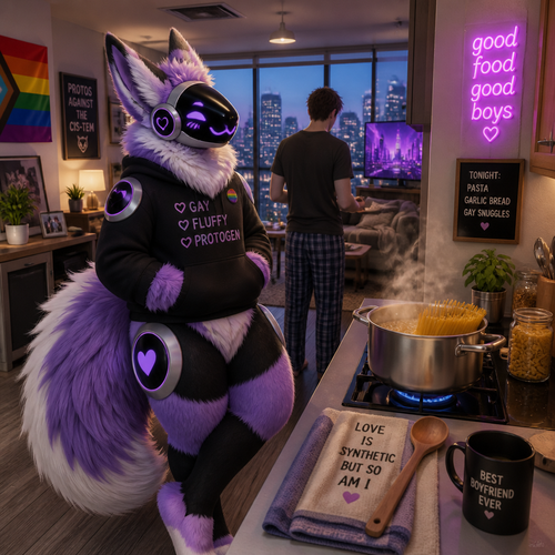 A homosexual fluffy gay Protogen who lives in a modern apartment with his human and waiting while cooking some pasta dinner.