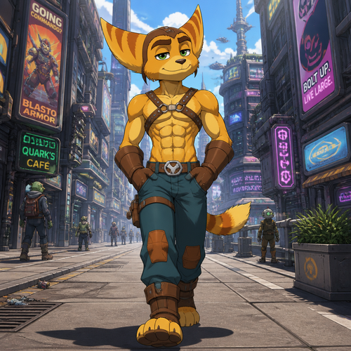 A high school aged Ratchet from Ratchet and Clank wearing his normal clothes but instead of a shirt it is instead a leather harness with a 16 pack of abs showing. He is walking confidently down a street in a big city without a care in the world. Anime art style, full body.