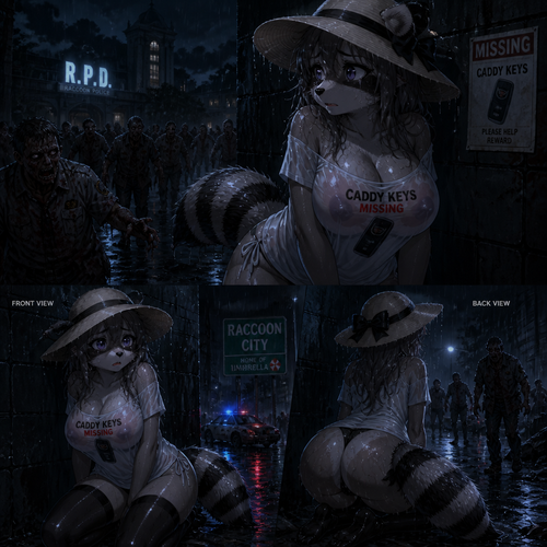 A well-made adult female raccoon character with a shirt on that has thigh highs and boobs who’s lost a car keys for a caddy also wears a sun hat. Anime version. At the Raccoon city and didn’t realize there’s zombies around. Front/Backshot view. All wet in a rain at night. Hides from the undead horde.