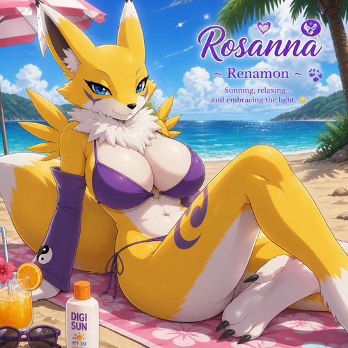 A well-made anthropomorphic female digimon character, Renamon. Her name is Rosanna. Getting a suntan around the beach. Has a fluffy chest. Animated verse.