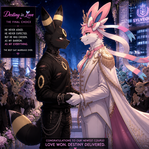 In a dating reality show (a well-made animated version) a non-rich half gothic grown Umbreon male is surprisingly unbelievably been accepted to become a boyfriend to this super rich grown Sylveon male as a Barron for not understanding why. In an anthropomorphic universe. Never asks but been gifted. A good ending. Side view. A modern present day. Best gay marriage ever.